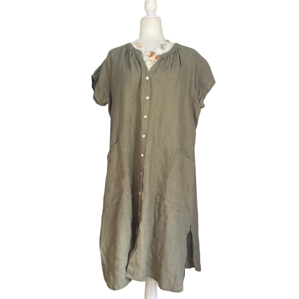 Kyla Seo Bohemian 100% Linen Tunic Dress XXL in Khaki Green